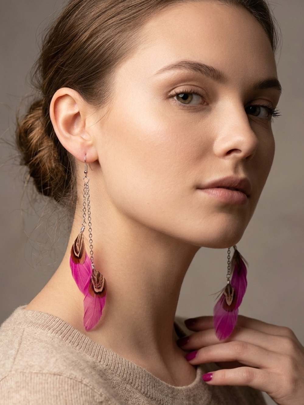 Handmade Magenta Pink Feather Earrings 5” Boho Statement